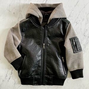 Urban Republic boys 3T faux leather zip front hoodie jacket in black/grey.